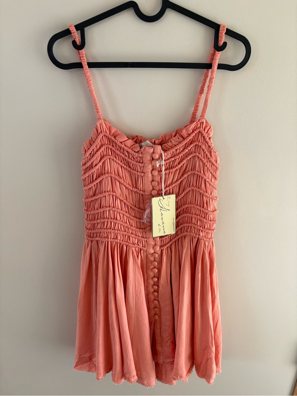 Vintage Havana Deep Coral Smocked Cotton Voile Dress.